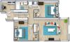 Three dimensional floor plan of two bedroom with den at Brush Creek